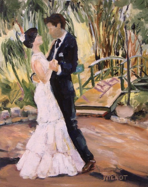 Oil Painting of Couple Dancing Outdoors by Bridge, Painted en Plein Air