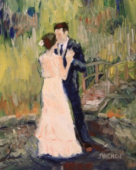 Oil Painting of Couple Dancing Outdoors by Bridge, Impressionist Style
