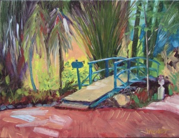 Oil painting of the bridge and garden at Grayt Grounds of Monet Monet, plein air preparation for painting a wedding couple's first dance