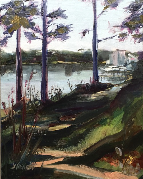 Oil painting of the autumn view from the south end of Lincoln Park in Valparaiso, FL