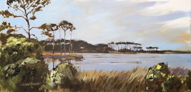 Oil painting of the slash pines forming the iconic "umbrella trees' of Western Lake at Grayton Beach, FL, painted en plein air