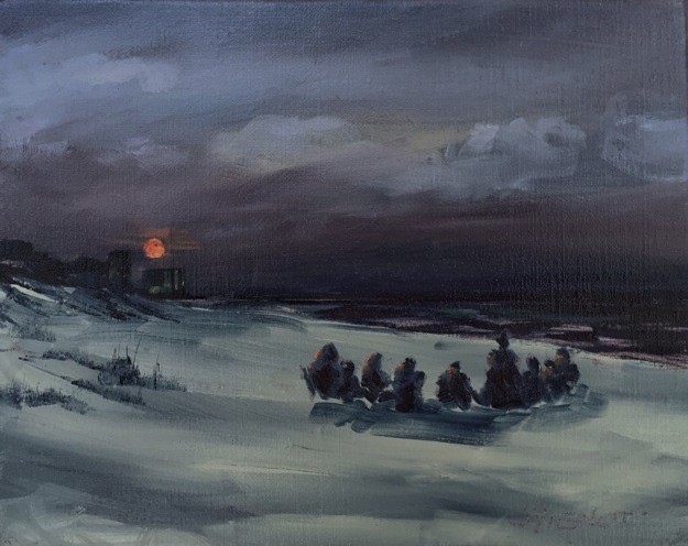 Nocturne en plein air, Oil painting of a drum circle on the beach on the night of the blue moon, 7/31/15