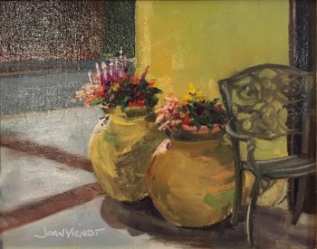 Oil painting of the light edging the potted flowers outside Victoria's Restaurant, Lynn Haven Florida, winner of People's Choice Best in Show at Local Color Plein Air Festival