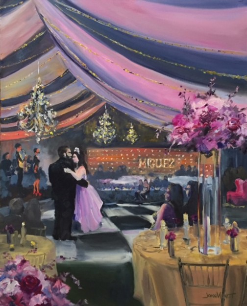 Oil painting of Tamera and Cody Miguez's first dance at their weddingreception in Gulf Place in Santa Rosa beach, Florida