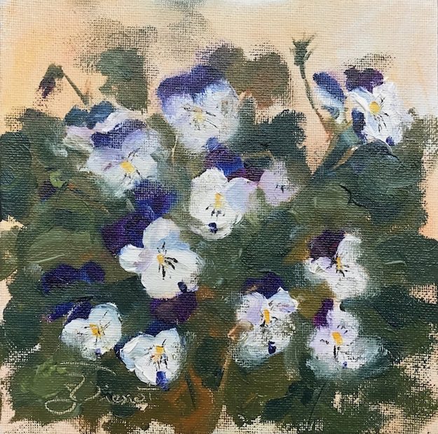 Oil painting of pansies, painted en plein air