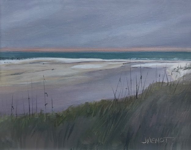 Oil painting of the Western Lake Outfall in Grayton Beach, FL, on an overcast day, painted en plein air