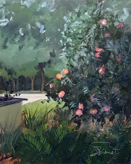 Oil painting of the camellias and grounds at the City of Destin Public Library, Destin, FL, painted en plain air