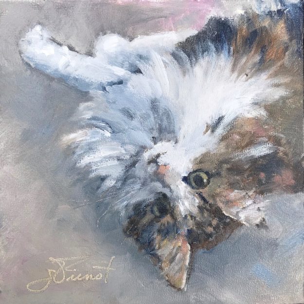 Oil painting of sweet cat looking up, upside-down