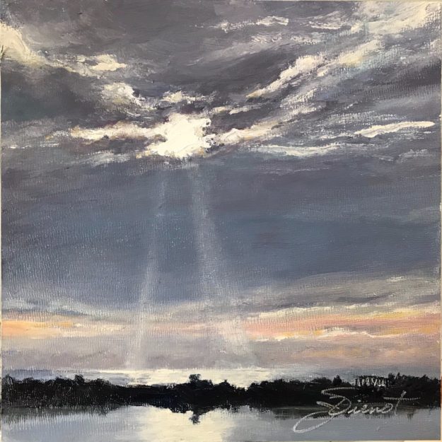 Oil painting of Lake Powell and the Gulf of Mexico, including the old Camp Helen pier, with the sun shining rays through the clouds
