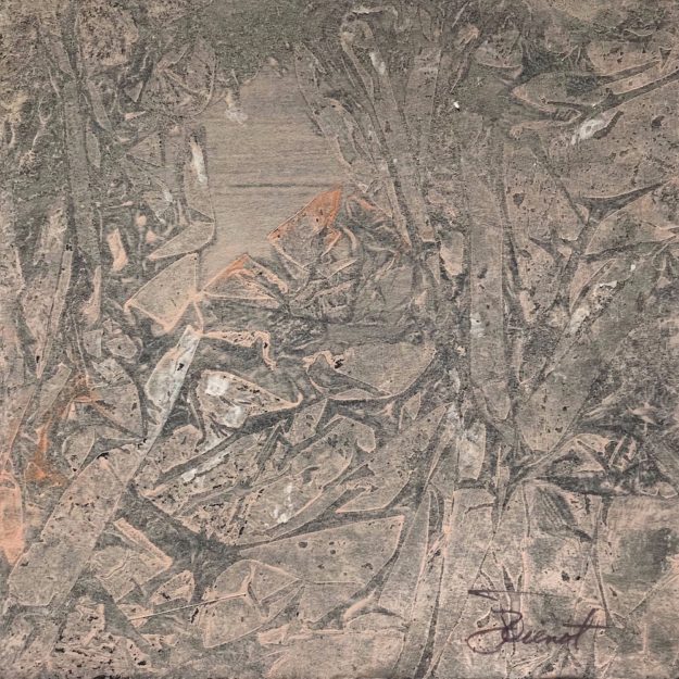 Acrylic painting using Saran wrap technique, resulting in nonrepresentational piece subtly resembling a rocky forest