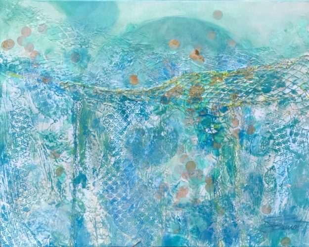 Acrylic mixed media painting completed in Jan Sitts workshop, using textures, tissue and gold foil, and netting.