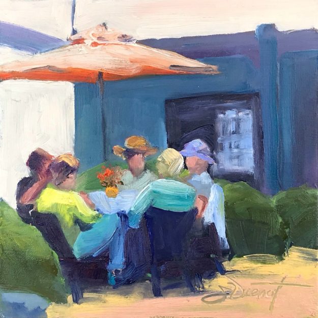 Oil painting of a group of people seated at a table under a cloth umbrella