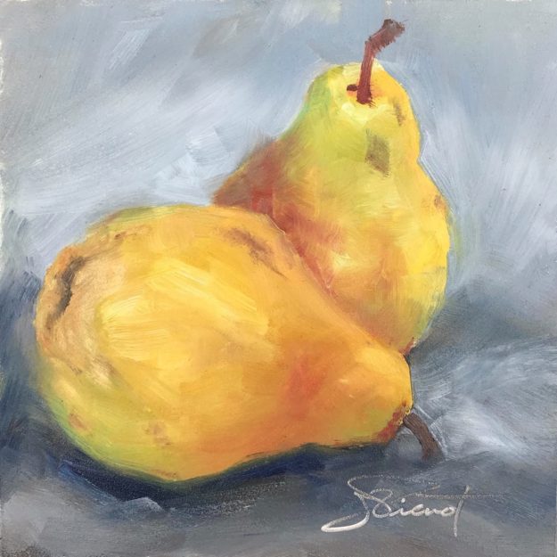 Oil painting of two pears on a gray background