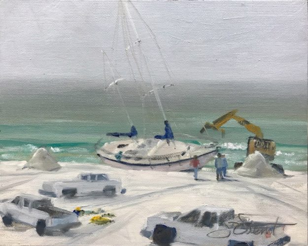 Oil painting of the Phantom of the Aqua being dug out of Miramar Beach where it drifted ashore after it was damaged by Hurricane Nate and its captain, without options, was rescued from it, far offshore