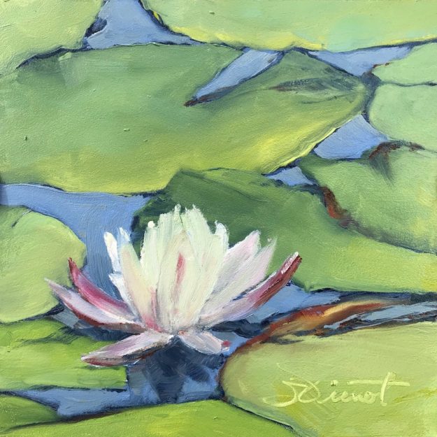 Oil painting of lily pads and a single water lily blossom, up close