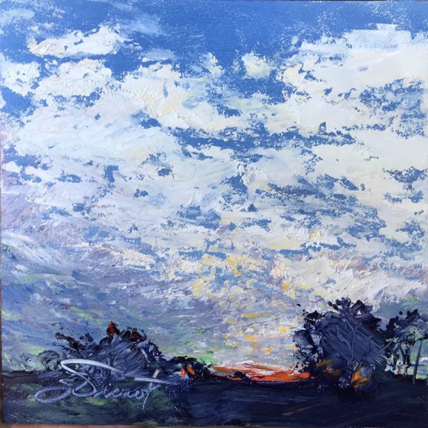 Oil painting of the twilight, with light starting to touch the clouds before sunrise on Jekyll Island, GA