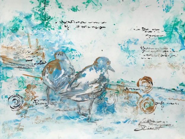 Mixed media work depicting two shorebirds, stamped patterns of spirals and scrubbed out paint, and asemic writing