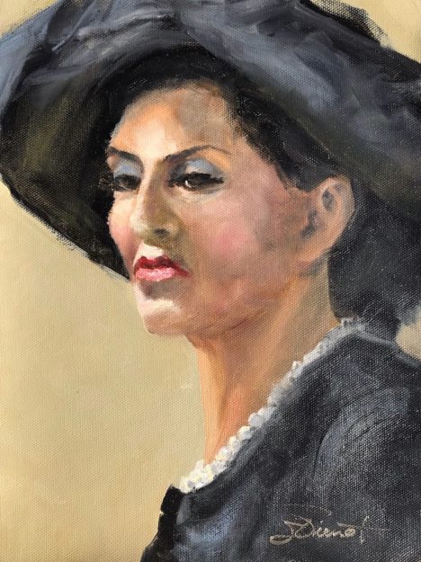 An oil painting of Norah in pearls and a big hat, painted from life