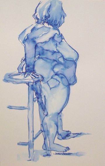 Large Female Standing by Stool--continuous line, non-permanent pen and wash--12" x 20" Large Female Standing by Stool