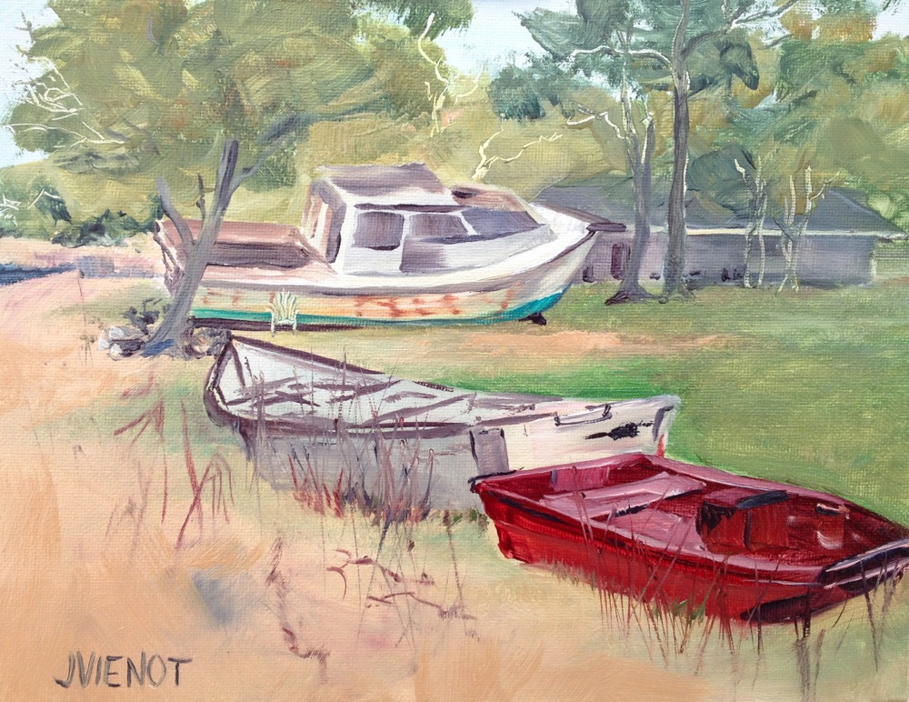 Oil Painting of Boats at Nicks Restaurant