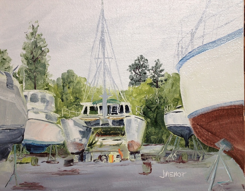 Oil Painting of Boats in a Boatyard, Freeport, FL