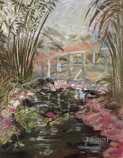 Oil painting of the bridge over the coy pond at Grayt Grounds of Monet Monet