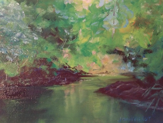 Oil painting of reflecting water scene, in Julie Gilbert Pollard workshop - first try