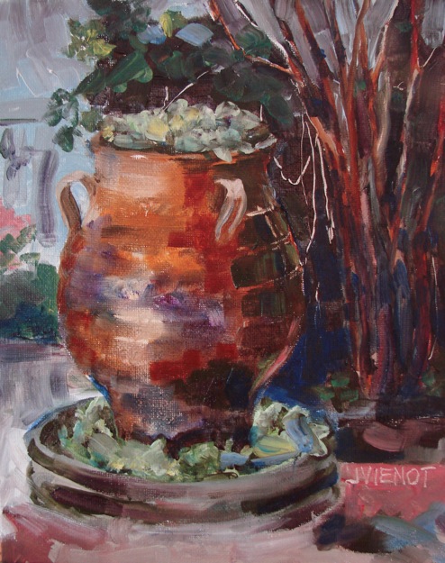 Oil painting of jug fountain filled with plants at Grayt Grounds of Monet Monet