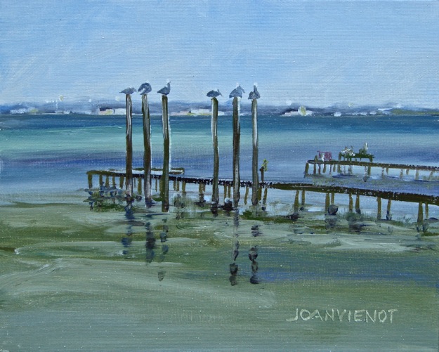 Oil painting of the long docks near Clement Taylor Park, Destin, FL, with 6 pelicans