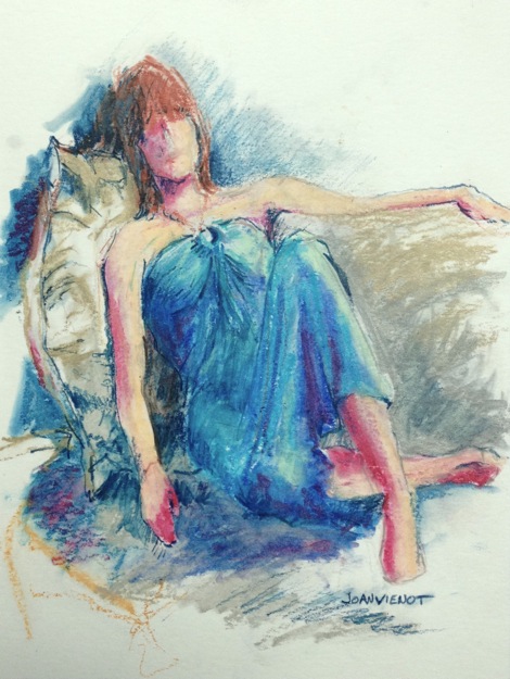 Painting of blue-gowned woman sitting against pillows