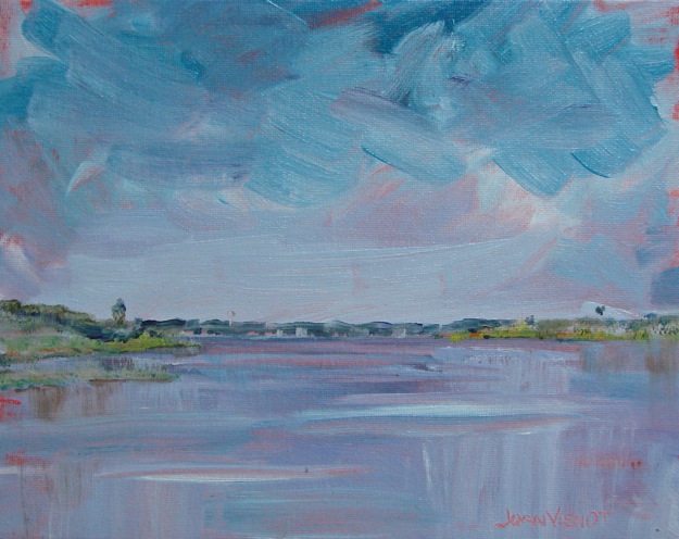 Oil painting of Hogtown Bayou looking west from Cessna Landing