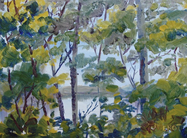 Oil painting of Apalachicola River through the trees from the bluff above