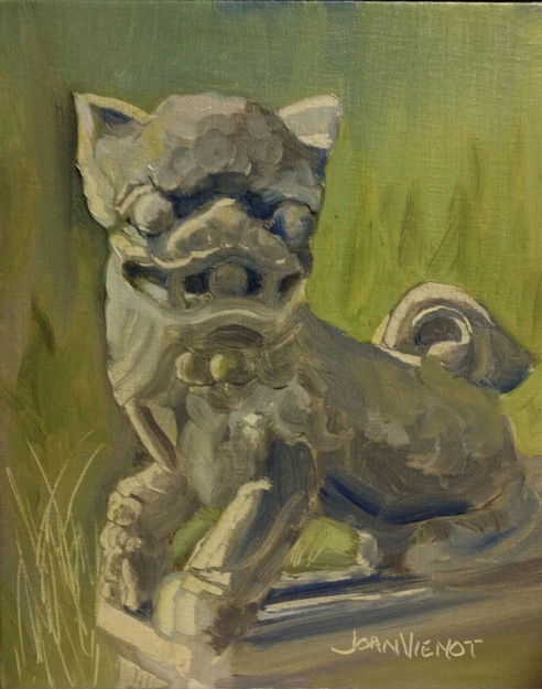 Oil painting of Chinese lion statue at Grayt Grounds of Monet Monet