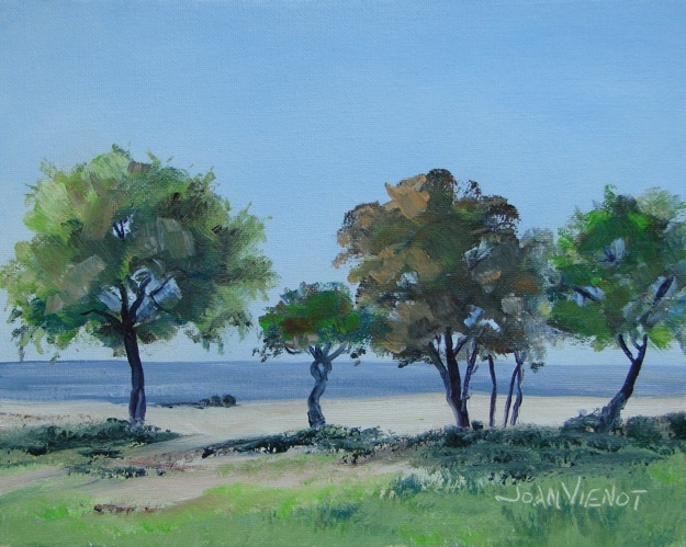 Oil painting of the four trees in front of Nick's Restaurant at Basin Bayou, Florida - www.joanvienot.com