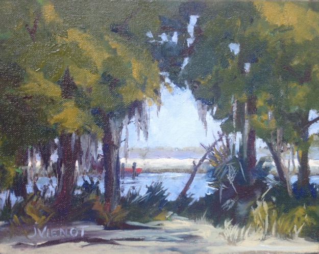 Oil painting of Gascoigne Bay looking through the trees and brush