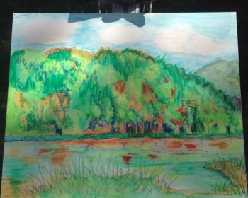 Oil pastel painting of early fall colors on the mountain behind Beaver lake at Oak Mountain State Park, by Leslie Kolovich
