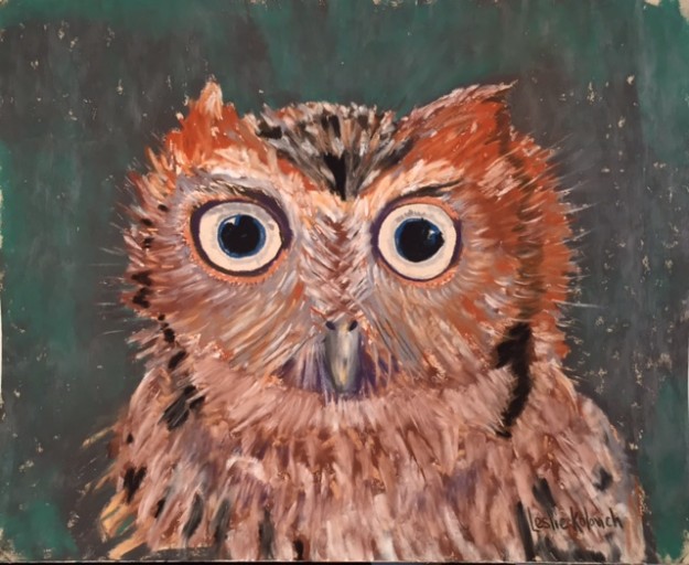 Soft pastel painting of an owl, by Leslie Kolovich