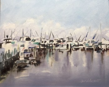 Oil painting of the docked boats at Sandestin's Baytowne Marina, Miramar Beach, FL