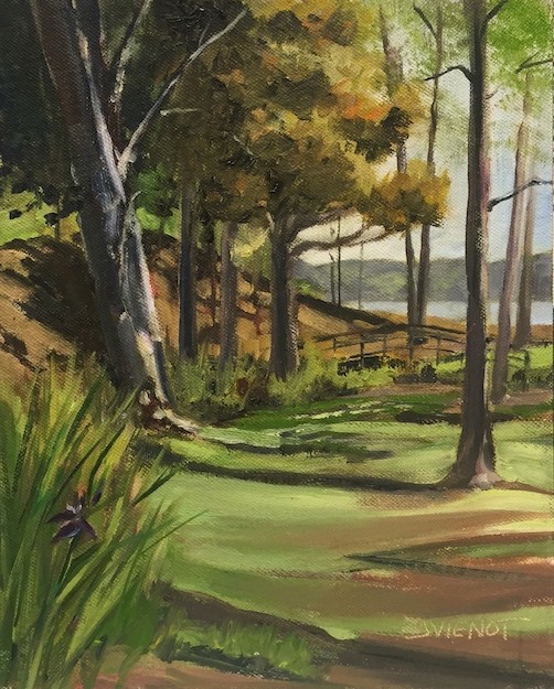 Oil painting of the brook line and shadow patterns at Lincoln Park in Valparaiso, FL