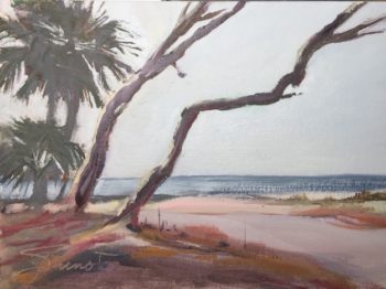 Oil painting of two angled tree trunks at Port St. Joe at FCenPA Quickdraw