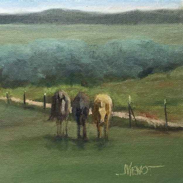 Oi painting of 3 horses in a fenced meadow, Taos Valley, NM