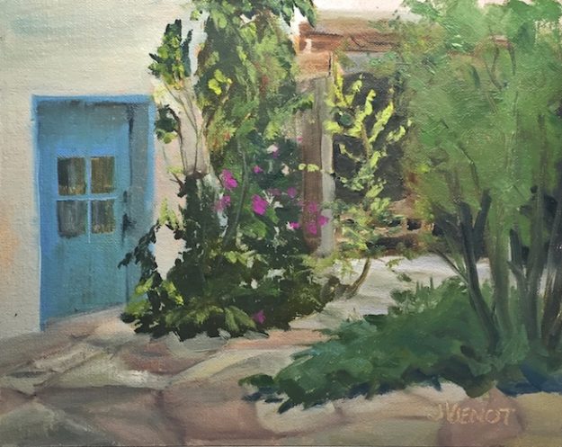 Oil painting of the very short blue door and the courtyard path in the Taos Art Supply courtyard, Taos, NM