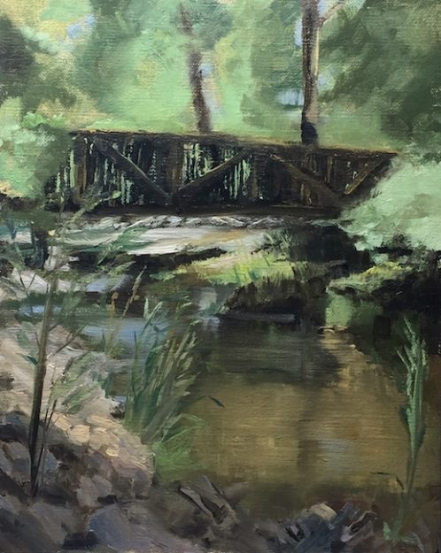 Oil painting of the bridge and reflective water at the Hacienda Martinez, Taos, NM