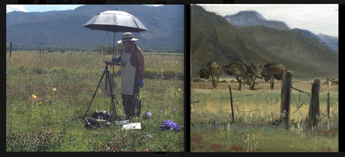 Photo of Joan Viewnot painting, by Morgan Samuel Price at MSP workshop in Taos, NM, August, 2016. At right is the painting Joan was working on: https://joanvienot.com/galleries/landscape/attachment/2016-0817-taos-storm-coming