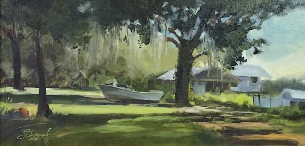 Oil painting of a boat in a grassy yard with the play of light under oak trees on the waterfront of a bay