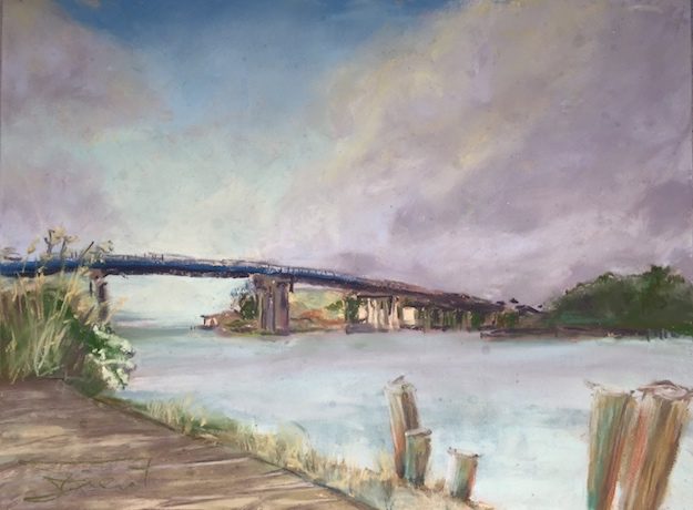 Soft pastels painting of Brooks Bridge from The Gulf Restaurant on Okaloosa Island, painted en plein air, looking towards Ft. Walton Beach, FL