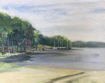 Oil painting of the lake at Lincoln Park in Niceville, FL, with the muted colors of a cloudy day