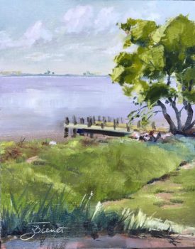 Oil painting of the grassy rise edging the roadside park between Basin Bayou and Villa Tasso on the Choctawhatchee Bay in Florida