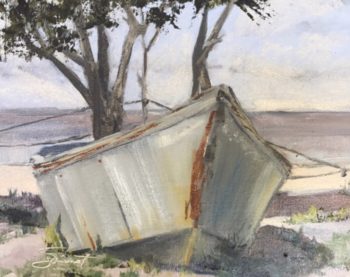 Oil painting of a V-bottomed boat at Nick's Restaurant on the Choctawhatchee Bay at Basin Bayou near Freeport, FL