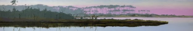 Oil painting of the "umbrella trees" at Western Lake in Grayton Beach, FL, at dawn, a commissioned work 8"x48"